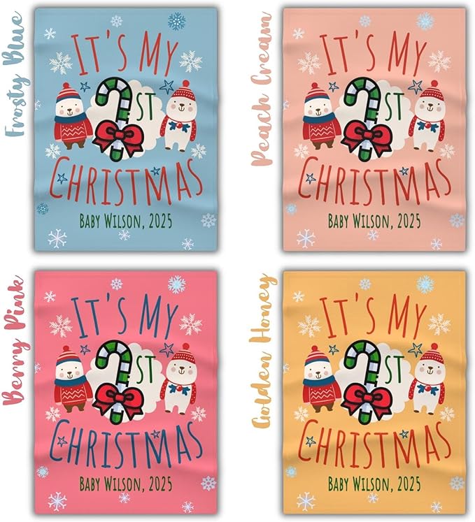 Personalized Baby's First Christmas Blanket, Custom Snowmen Candy Canes Baby Name Christmas Blanket, Soft Fleece Or Sherpa Throw, Baby Shower, Made in USA