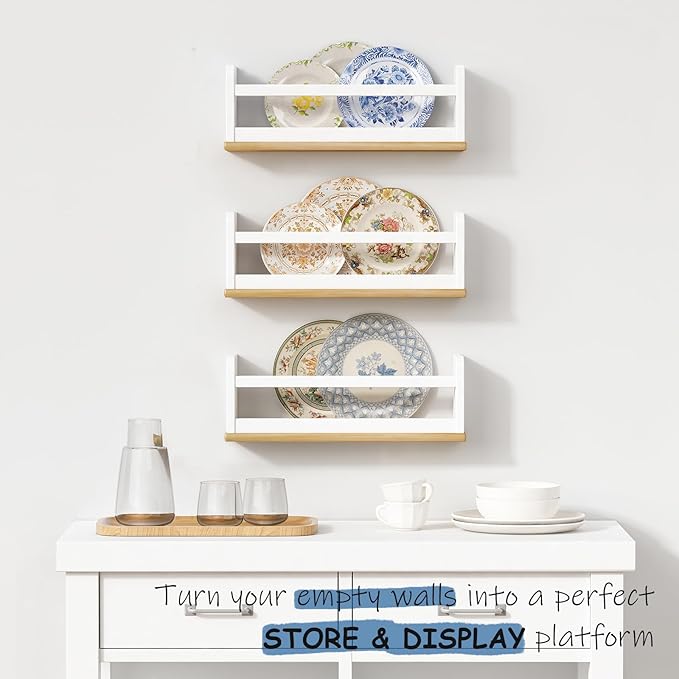Upgraded Floating Nursery Book Shelves for Wall, White and Natural Kids Bookshelf Wall Mounted, Wood Baby Toddler Children Hanging Bookshelves for Kids Room Bedroom - Set of 3