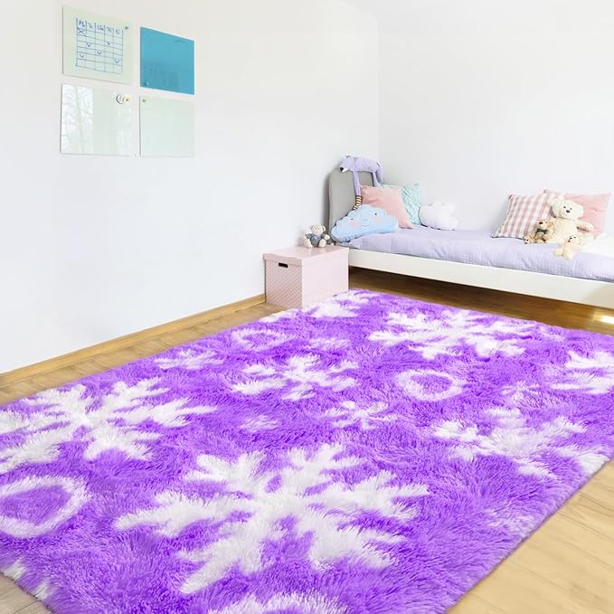 EVOIONOS Purple Princess Rugs for Living Room, 4x6 Feet Fluffy Shaggy Snowflake Rug for Girls Bedroom, Plush Fuzzy Super Soft Carpet for Kids Room Home Decor, Upgraded Non Slip Bottom, Purple Rugs
