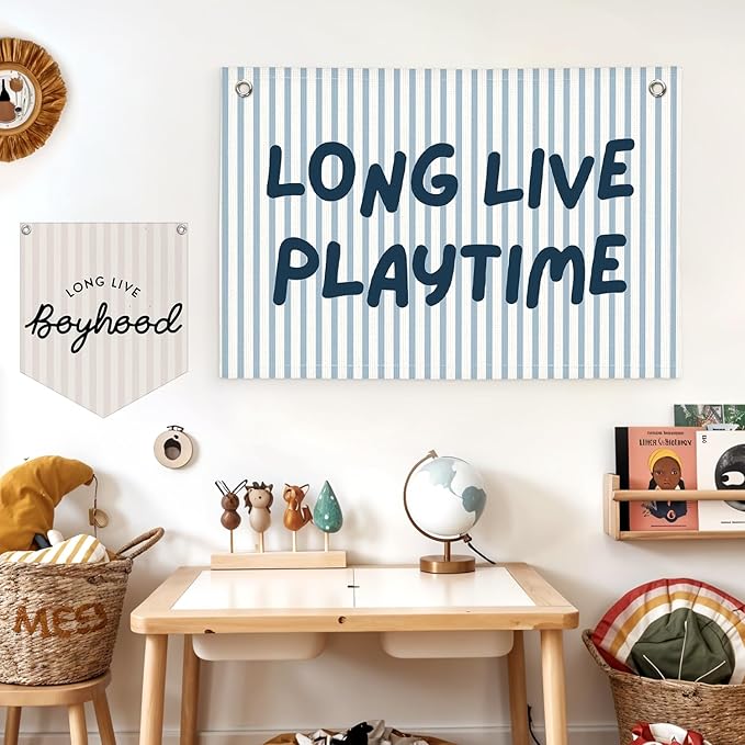 Lacama Playroom Decor, Play Room Wall Decor, Blue Long Live Playtime Linen Banner Wall Hanging, Boho Cute Banner Flag Decor for Nursery Boys Room 30x20 Inch