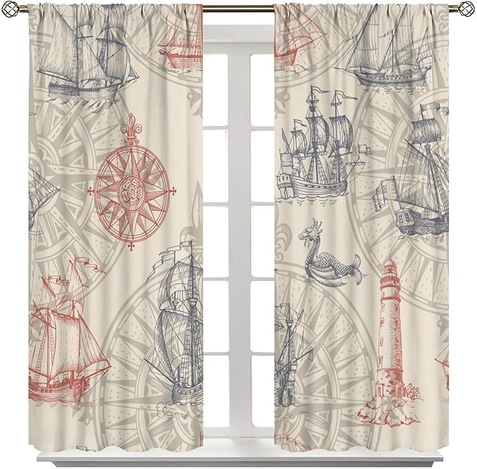 Abstract Nautical Curtain Set Seahorse Curtain for Kids Yellow Polyester Fabric Bedroom Curtain Set 2 Panels,63x72 Inches