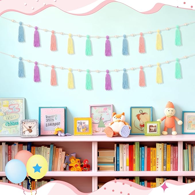 2 Pcs Tassel Garland with Wood Beads, Handmade Cotton Yarn Wall Hanging Banner Boho Tassel Wall Hanging Party Decor for Nursery, Birthday Baby Shower Home Classroom Decoration(Macarons)