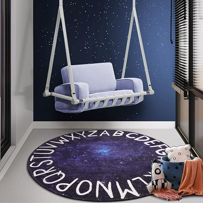 LIVEBOX Space Round ABC Rug for Kids Playroom, Alphabet Nursery Rug Crawling Play Mat for Children Bedroom, Galaxy Washable Rug Learning Carpet for Baby Toddlers Room (47",Star Blue)