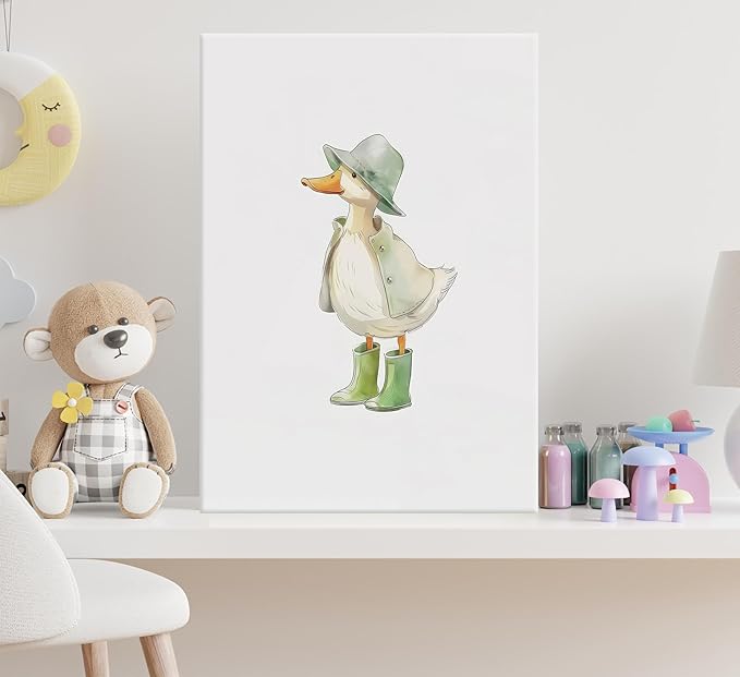 3Pcs Baby Animal Nursery Wall Art Funny Green Rain Gear Duck Painting Picture Wall Decor This Set of 3 Happy Ducks Wearing Green Boots Poster Print Artwork for Kids Boys Room Bedroom Decorate,Framed