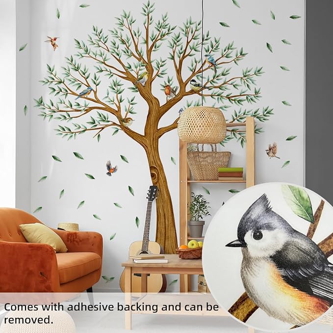 Large Tree Wall Decal with Birds, Green Leaves Tree Wall Stickers for Living Room Nursery Wall Decor 84.66x64.87 inches