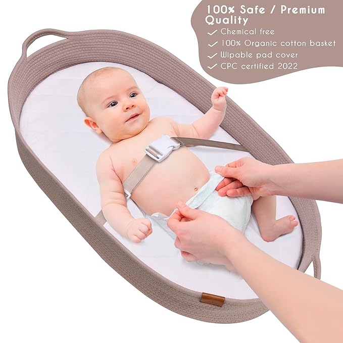 PeraBella XL Baby Changing Basket for Dresser Top, Moses Baskets for Newborn, Portable Baby Diaper Changing Pad Table Topper for Dresser, Moses Bassinet Mat with Waterproof Pad Cover and Diaper Caddy