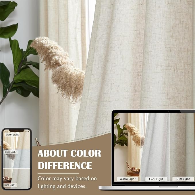jinchan Linen Blend Curtains for Living Room 90 Inches Length 2 Panels Natural Window Treatment for Sliding Glass Doors, 50 Inches Wide Farmhouse Drapes with Rod Pocket Back Tab (50W x 90L, Ecru)