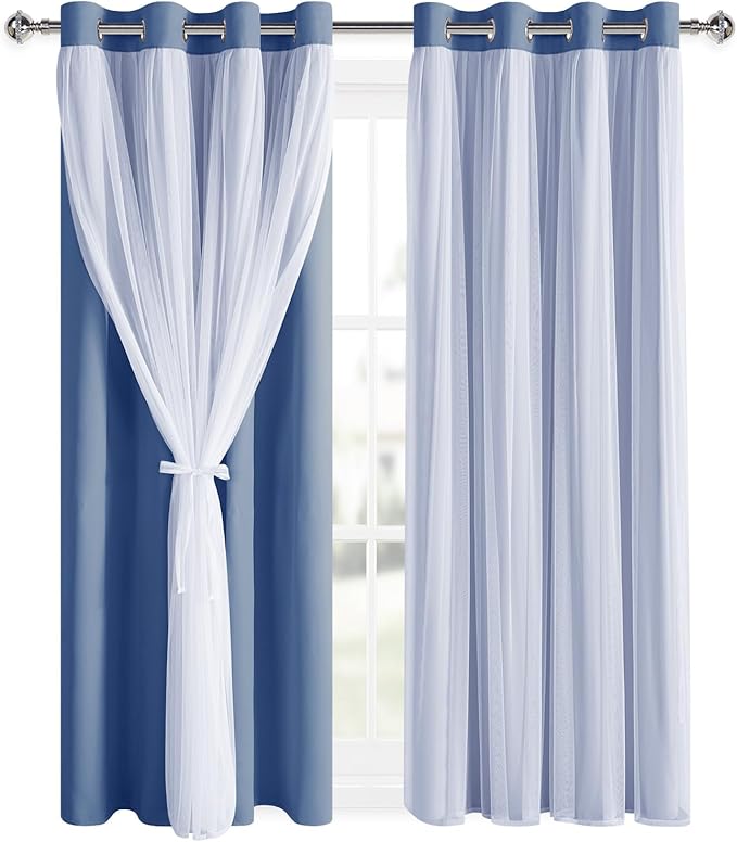 DWCN Blackout Curtains with Sheer Overlay Layered Curtains for Bedroom/Living/Dining Room Grommet Top Window Treatments with Tiebacks, 52 W by 84 L, Hazy Blue, 2 Pieces