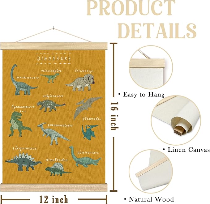 BCUANGD Dinosaur Dino Wall Decor - Yellow Baby Toddler Boys Room Wall Art Poster Hanger with Wood Frames, Inspirational Wall Hanging Canvas Decor for Kids Room Nursery Bedroom, 12x16 Inches