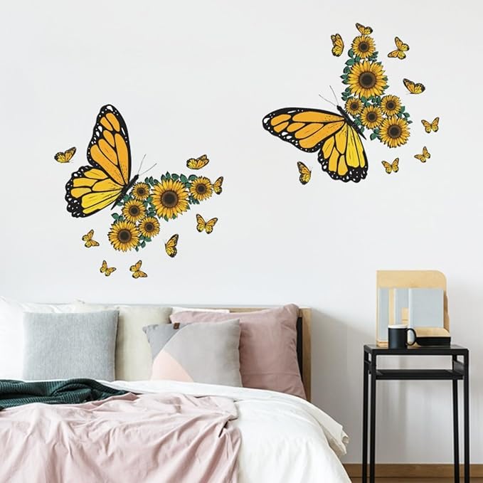Large Butterfly Wall Decals, Sunflower Wall Stickers Yellow Butterfly Flower Wall Decal Murals Peel and Stick Wallpaper Art Decal for Nursery Bedroom Living Room Classroom