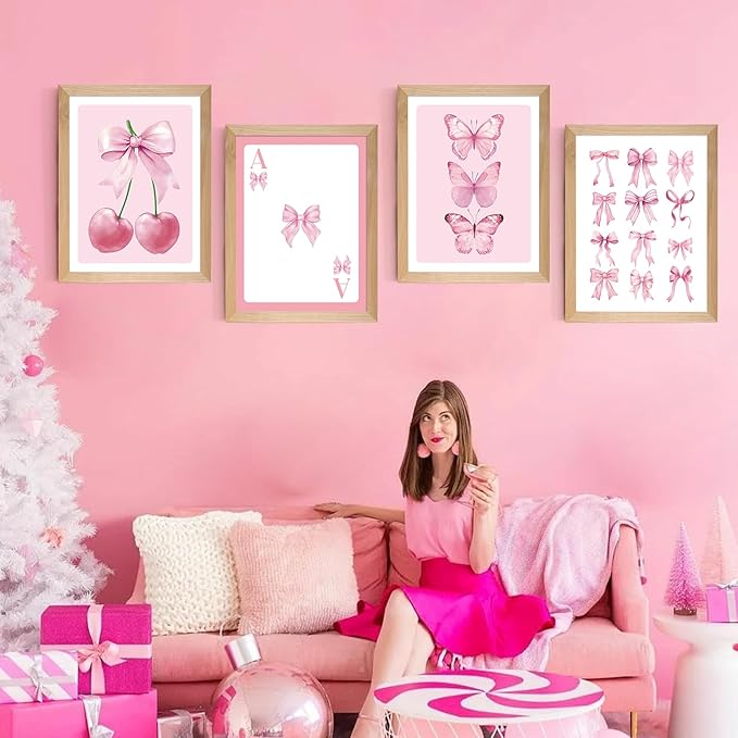 Set of 4 Framed Pink Bow Wall Art Prints Decor,12x16”Coquette Trendy Preppy Wall Decor Cherry Butterfly Canvas Wall Art Prints Framed Nursery Children Artwork Girls Playroom Bedroom Decoration