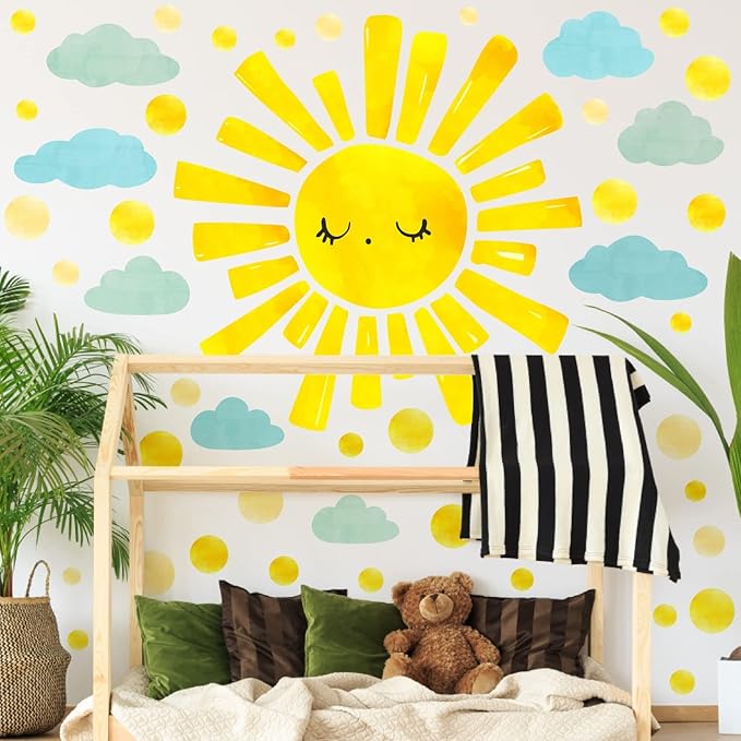 Large Sun Clouds Wall Decals Polka Dots Wall Decals Sun Cloud Wall Stickers for Kids Room Bedroom Nursery Playroom Classroom Decor