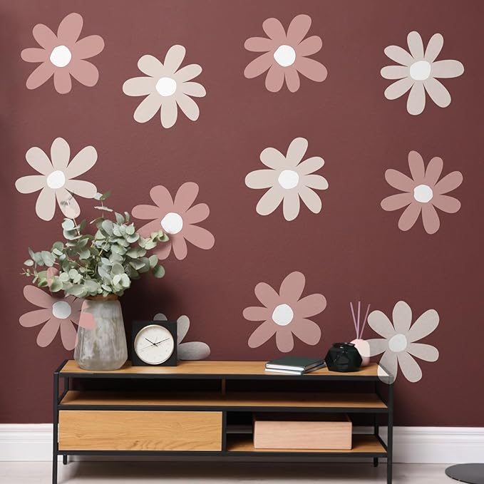 TaoBary 12 Sheets Daisy Wall Decal Flower Wall Sticker Cute Daisy Sticker Pink White Flower Decal Peel and Stick Floral Wallpaper for Nursery Bedroom Home Decor(Grey Color,Simple Style)