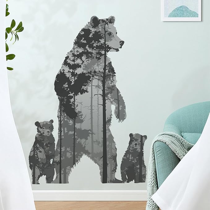 Forest Silhouette Animal Wall Decals - Removable Polar Bear & Tall Tree Wall Art for Children's Nursery & Living Room