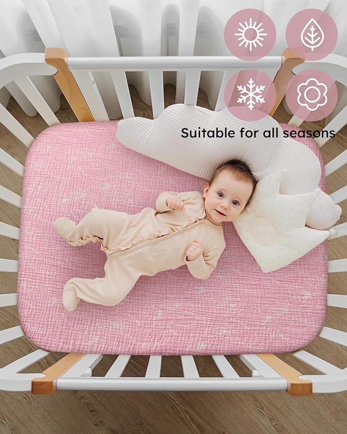 Yoofoss Muslin Pack and Play Sheets Fitted, Organic Mini Crib Sheets for Boys Girls, Playard Sheet Compatible with Pack N Play Mattress, Soft, Breathable and Durable 38"x26"