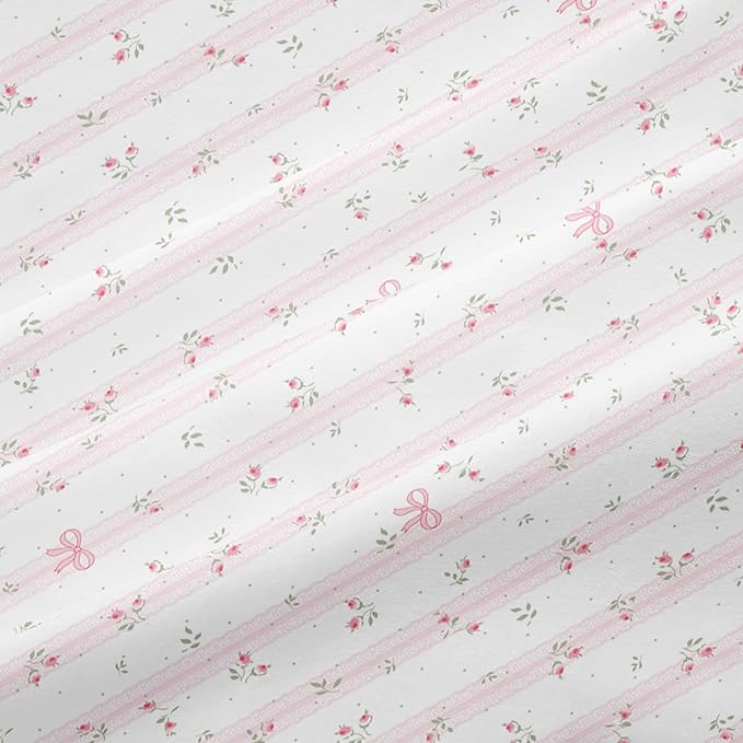 Striped Duvet Cover Queen Size Pink Floral On White Bedding Set with Bow Pattern 3 Pieces Kids Boys Girls Cute Bowknot Reversible Princess Style Soft Duvet Cover Set with Zipper Closure