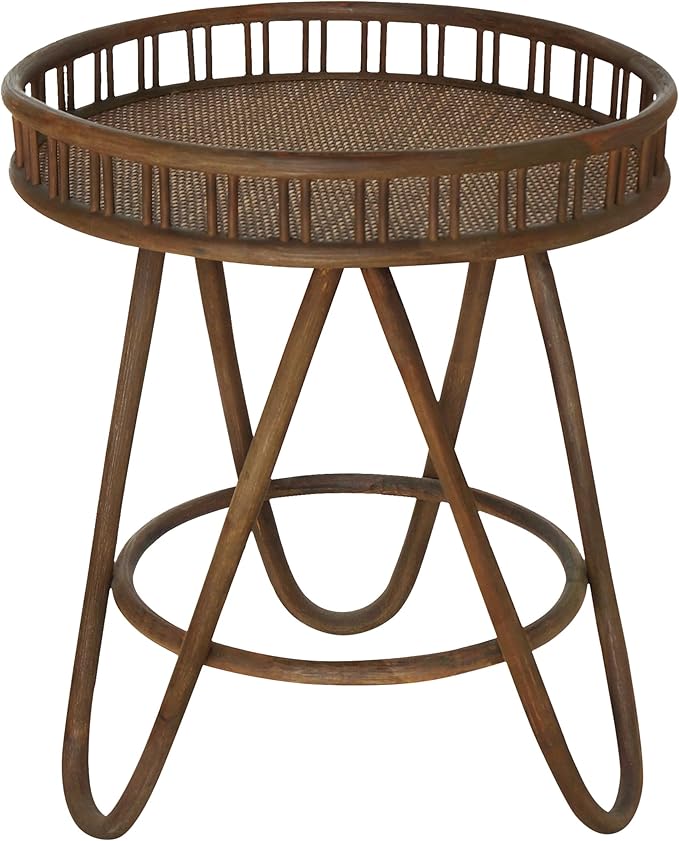FINECASA Rattan Side Table with Wicker Tray Top 20x23'', Boho Hand-Woven End Table, Small Round End Table with Hairpin Legs, Coffee Table Set for Living Room, Bedroom (Brown)