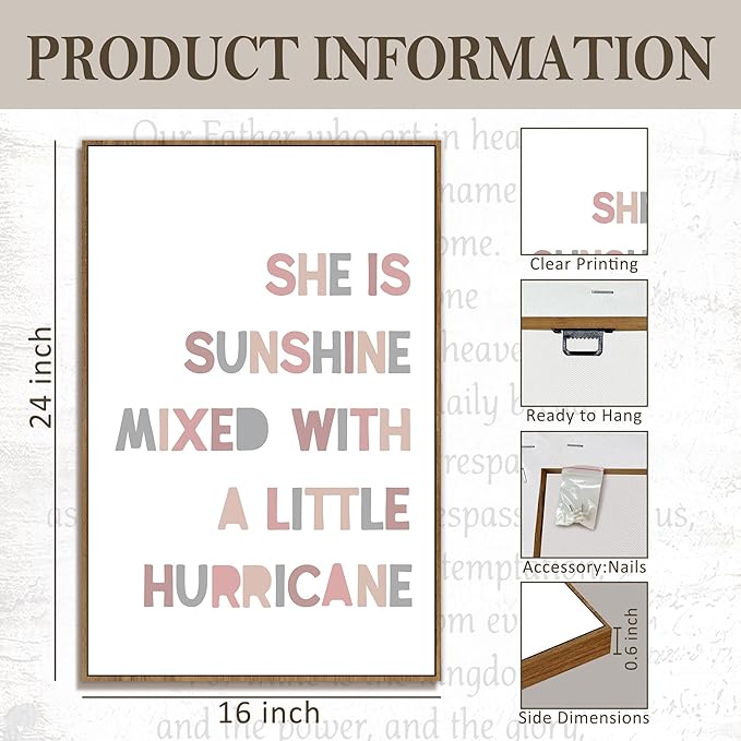 PHAMTE Girls Bedroom Wall Art Framed,She is Sunshine Mixed with a Little Hurricane Girly Room Wall Art Decor, Sunshine Boho Print Framed Canvas Painting Dorm Bedroom Nursery Playroom Decor 16x24in
