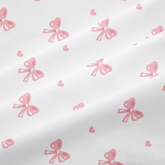 Bow Twin Size Duvet Cover Pink White Heart Bedding Set Girls Bow Comforter Cover with Kawaii Love Heart Print Comforter Cover Breathable, Soft (No Comforter)