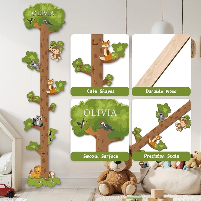 Personalized Name Growth Chart for Kids – Wooden Tree Wall Height Chart, Children's Height Measurement Ruler 62.5" x 14.9"