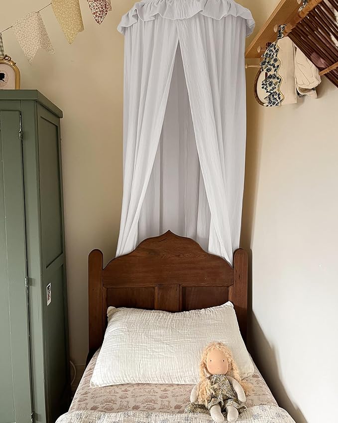 JIKAL Kids Bed Canopy with Ruffles Cotton Hanging Tent Frills Curtain Net for Baby Nursery Room Children Reading Nook Decor