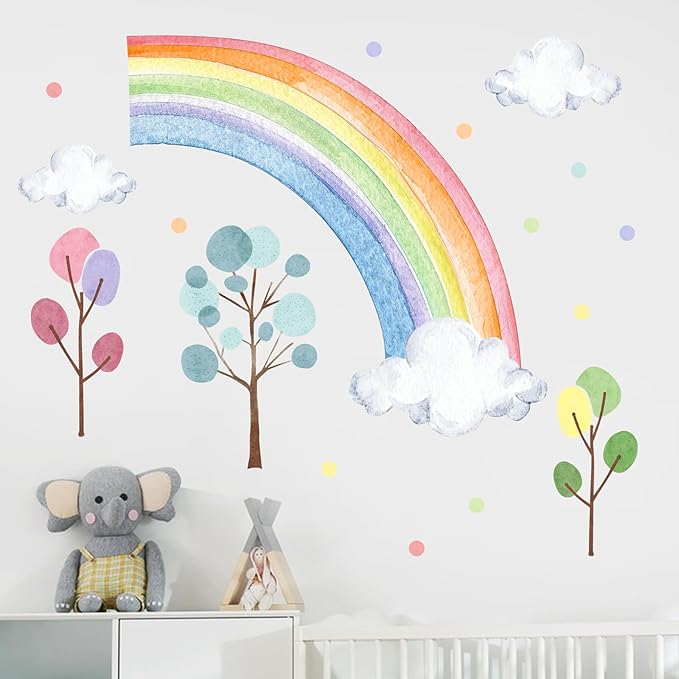 Mfault Watercolor Rainbow Wall Decals Stickers, Pastel Cloud Tree Polka Dots Baby Nursery Decor Bedroom Art, Cute Kids Toddler Room Playroom Home Decorations