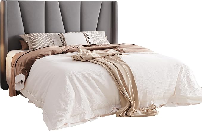 Allewie Full Size Platform Velvet Bed Frame with Geometric Wingback Headboard, Boho Upholstered Bed with Wooden Slats Support, No Box Spring Needed, Easy Assembly, Light Grey