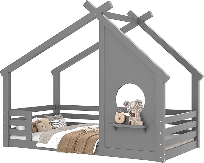 SOFTSEA Twin Size Floor House Bed with Roof, Solid Wood Montessori Bed Frame with Slats and Guardrails, Kids Playhouse Floor Bed for Boys Girls, No Spring Box Needed, Grey