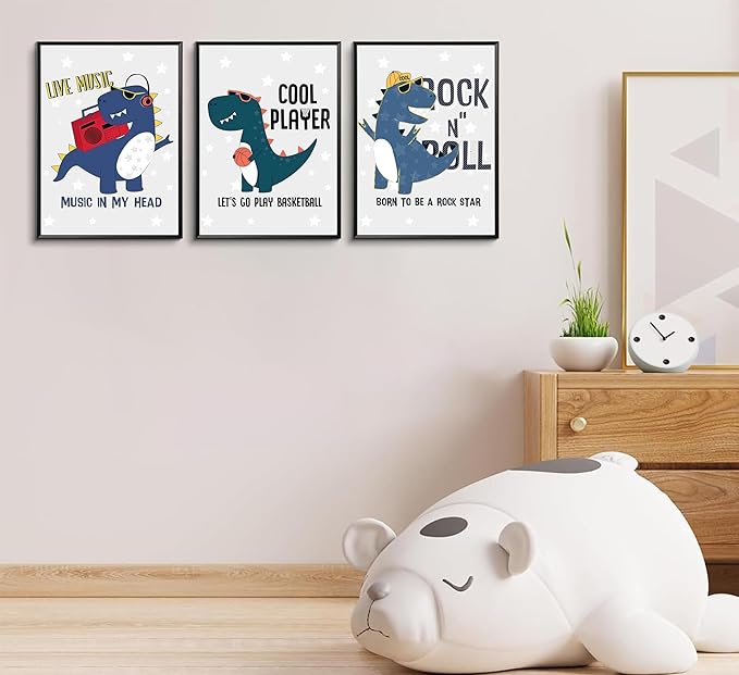 3Pcs Cartoon Dinosaur Wall Art Trio Set with Music Sports Rock Themes and Playful Canvas Prints, Vibrant Color Posters on Starry Gray Background for Kids Room Wall Decor Nursery Decoration Unframed