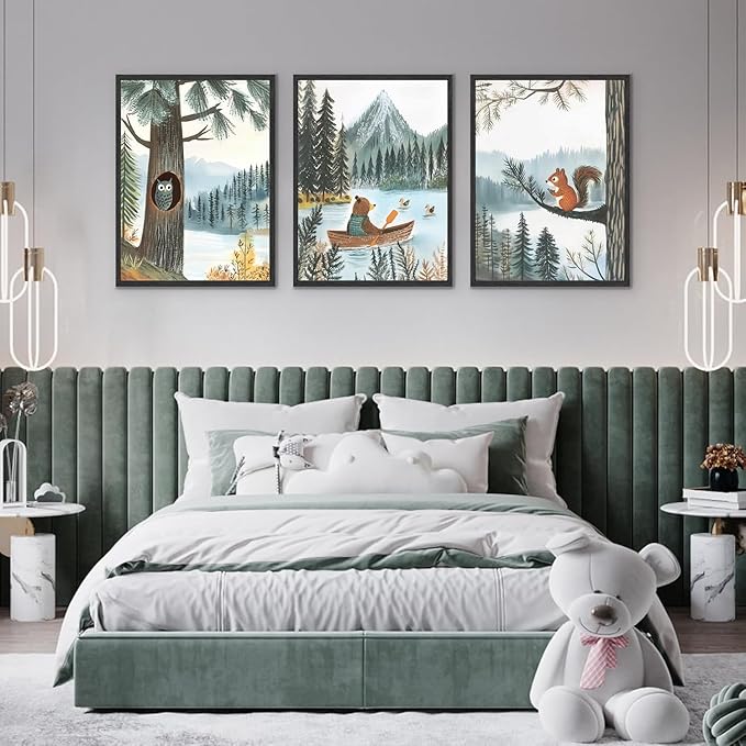 3 pcs Woodland Animal Nursery Wall Art Whimsical Kids wall decoration pictures Bear Owl Squirrel Illustrations Posters Prints for Playroom Toddler Bedroom Home Decor Unframed (16x24in poster)