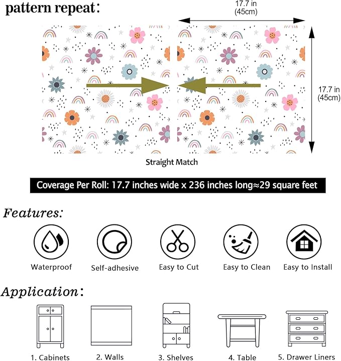 CHIHUT 17.7”x236” Boho Rainbow Contact Paper Fun Peel and Stick Wallpaper for Girls Bedroom Decorative Flowers Stars Rainbow Wallpaper Mural Removable Kids Wall Paper for Classroom Nursery Drawer Desk
