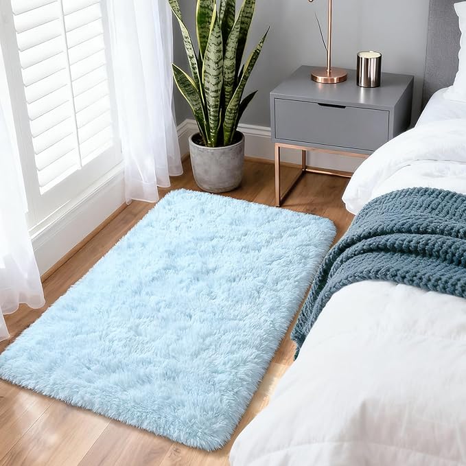 Merelax Soft Modern Indoor Shaggy Area Rug for Bedroom Livingroom Dorm Kids Room Home Decorative, Non-Slip Plush Fluffy Furry Fur Rugs Comfy Nursery Accent Floor Carpet 3x5 Feet, Baby Blue
