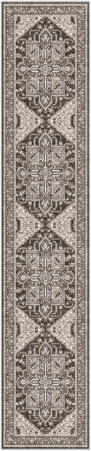 WITSHOCK 2x10 Long Runner Rug for Hallway: Washable Rug Distressed Boho Soft Low Pile Stain Resistant Foldable Carpet for Bedroom Kitchen Entryway Indoor Entrance Oriental Farmhouse Home Decor, Black