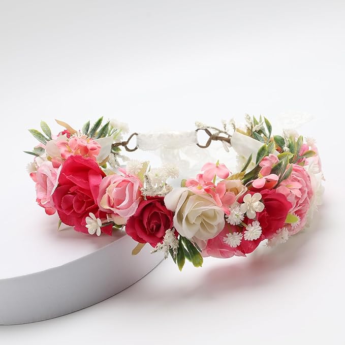 Flower Crown for Girls Children Floral Headpiece Pink Kids Headband Wedding Holo Hair Accessories Birthday Photo Prop (Fuchsia)