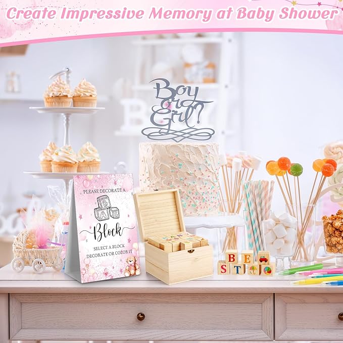Marsui 136 Pcs Baby Shower Blocks to Decorate Game Kit Includes 98 Wooden Blocks, 36 Markers, 1 Game Sign, 1 Storage Box for Baby Shower Gender Reveal Activity Party Decorations(Pink Bear)