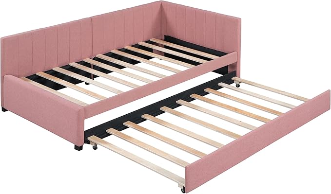 Harper & Bright Designs Upholstered Daybed with Trundle Twin Size Sofa Bed Frame No Box Spring Needed, Linen Fabric(Pink)