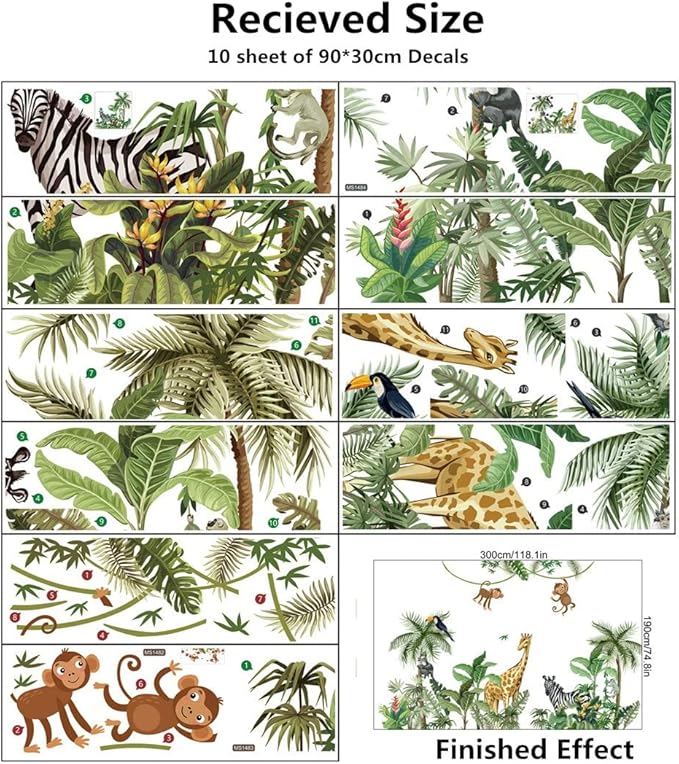 Large Size Tropical Palm Green Leaf Plant Animals Jungle Wall Decals For Kids Room Bedroom Cute Monkey Zebra Giraffe Big Vinyl Self-adhesive Wallpaper Peel and Stick Woodland Forest Kindergarten Decoration Sticker Removable DIY Nursery Mural
