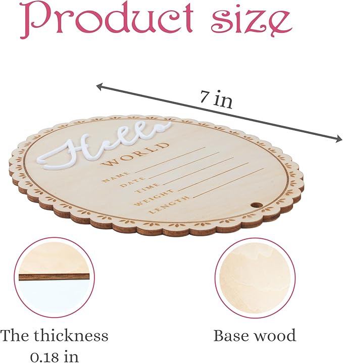 Baby Announcement Sign 6.5 Inch Wooden Hello World Newborn Welcome Sign Birth Name Plaques for Photo Props Shower Hospital Nursery (BOW CUT)