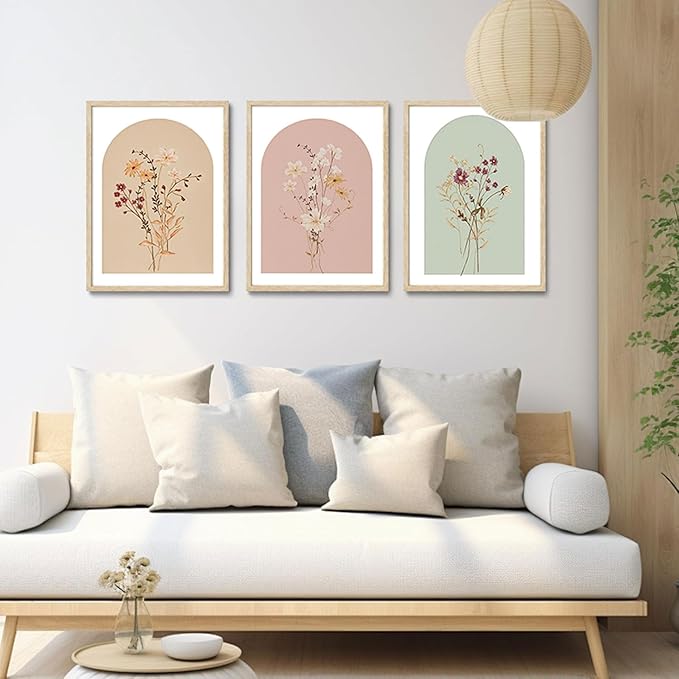 CHMMART 3 Piece Boho Wildflower Framed Wall Art Floral Botanical Canvas Art Prints Flower Pictures Wall Decor Minimalist Painting Artwork for Living Room Bedroom Bathroom 16x20in