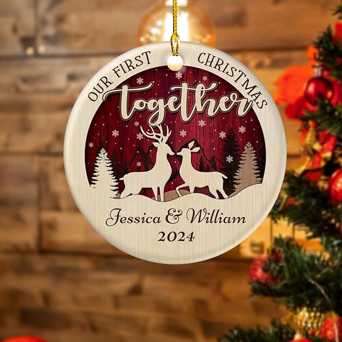 wowcugi Personalized First Christmas Together Ornament Personalized Reindeer Couple Ceramic Ornaments Engagement Ornament Wedding Keepsake Gifts for Newlywed Xmas Tree Decorations