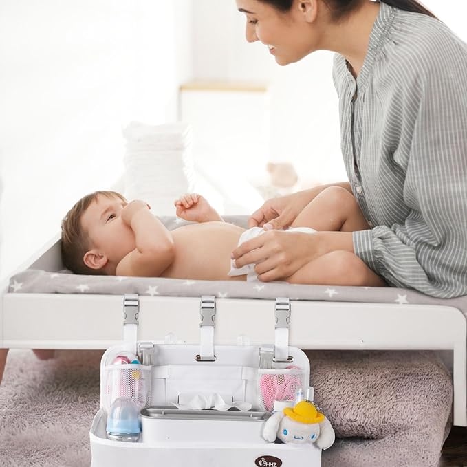 HHZ XL Hanging Diaper Caddy Organizer –Sturdy and Durable Baby Organizer – Diaper Stacker for Changing Table, Crib, Playard or Wall & Nursery Organization (White)