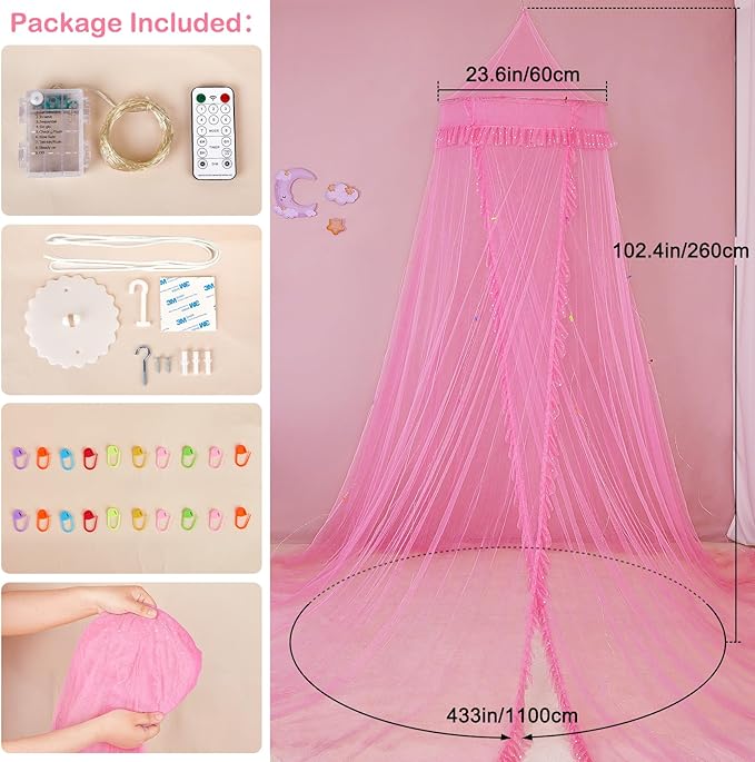 Beinou Bed Canopy for Girls with Timer Remote Canopy Bed with Lights Breathable Net Canopy for Bed Kids Girls Room Decor,Pink