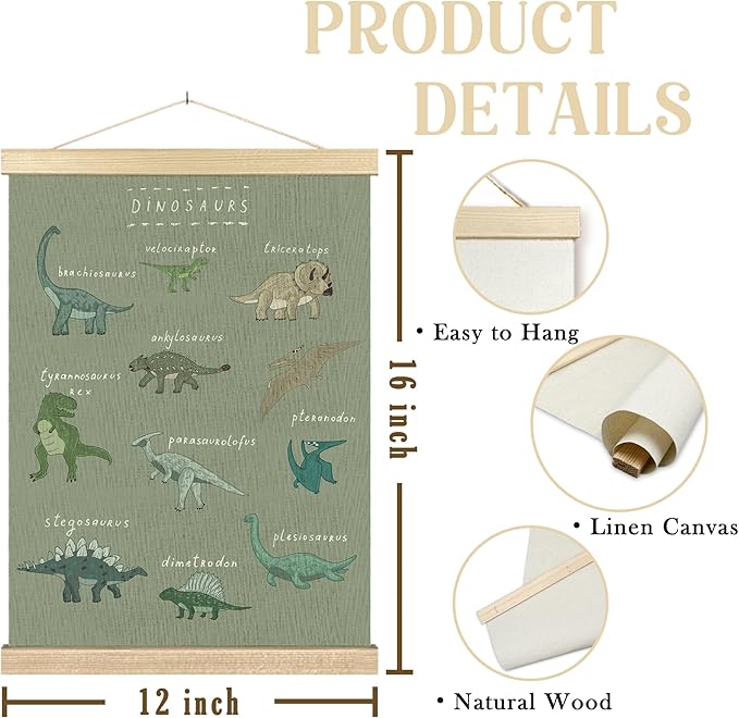 BCUANGD Dinosaur Dino Wall Decor - Light GreenBaby Toddler Boys Room Wall Art Poster Hanger with Wood Frames, Inspirational Wall Hanging Canvas Decor for Kids Room Nursery Bedroom, 12x16 Inches