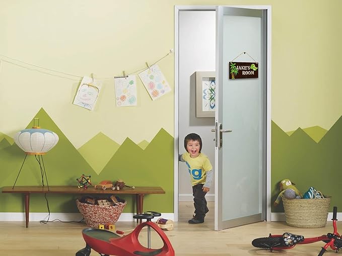 Personalized Name's Dinosaur on brown background & palms Nursery Kid's Children's Girls Bedroom Door Sign Wood Plaque Sign Wall Decor Gift