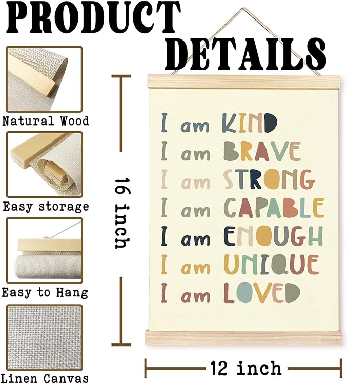 Hiuwevt Boho Classroom Wall Art, Boho I Am Kind Inspirational Poster Hanger Frame, Positive Affirmations Wall Art Home Decor for Kids Toddler Boys Girls Room Bedroom Nursery Playroom Classroom, 12x16 Inch