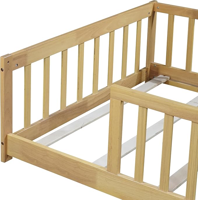 Twin Size Montessori Toddler Floor Bed with Wood Slats for Girls and Boys, Wood Montessori Bed Frame with Safety Guardrails, No Box Spring Needed, Natural