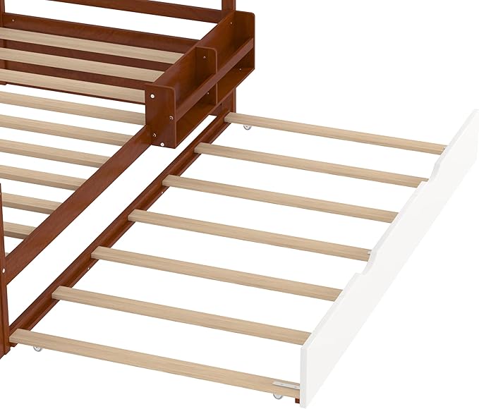 Merax Twin Size Corner Bed with Trundle and Drawers, Wooden Daybed Frame with Storage Cabinets, Bookshelves, and Safety Guardrail, Twin Bed Frame for Kids, Boys Girls, Easy Assembly,Walnut