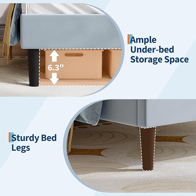 Twin Princess Bed Frame for Girls with LED Lights & Heavy-Duty Bed Leg Supports - Blue Velvet Upholstered Cat Headboard Platform Bed - Enhanced Stability, No Box Spring Needed, App/Remote Control