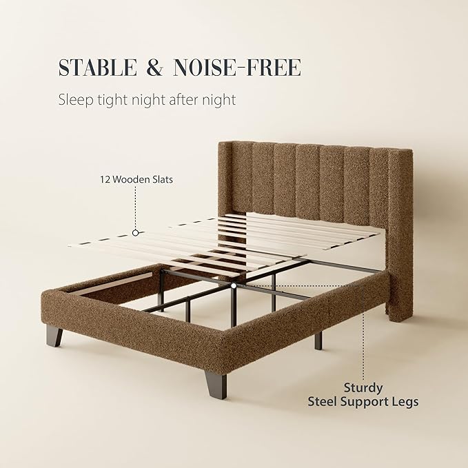 Full Bed Frame with Headboard Upholstered Platform Bed Frame with Teddy Velvet Headboard, Wooden Slats Support/Wing Edge Design/No Box Spring Needed/Easy Assembly, Camle