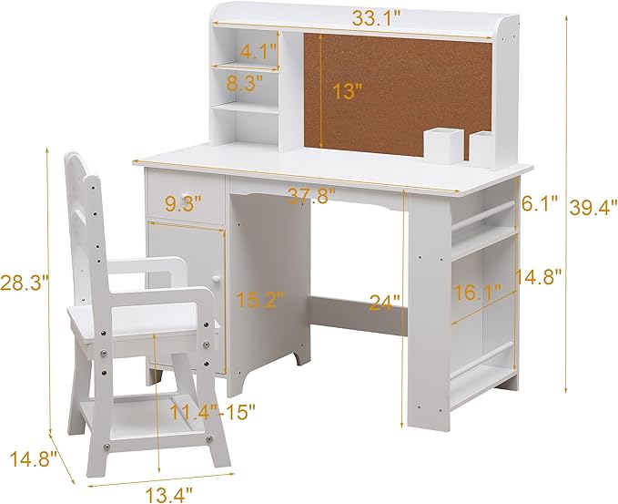 GarveeHome Kids Desk and Chair Set, Wooden Study Table with Storage Shelf, Bulletin Board, Children School Learning Desk Set, Writing Table for Boys and Girls, White